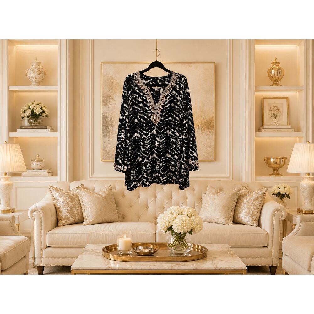 Soft Surroundings Black Cream Beaded Sequin Tunic Top V-Neck L Relaxed Fit Chic